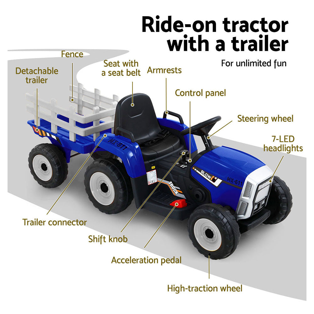Kids Ride On Blue  Tractor Trailer - Battery Operated