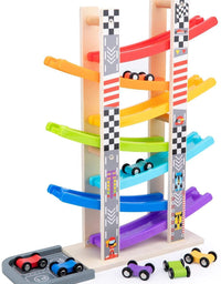 Car Ramp Racer Toy for Toddler - Baby Car Race Track Vehicle Playsets with 6 Wooden Race Cars, 1 Parking Garage, 3 Extra Bridges and 6 Car Ramps for Boys & Girls

