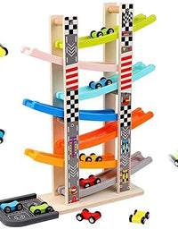 Car Ramp Racer Toy for Toddler - Baby Car Race Track Vehicle Playsets with 6 Wooden Race Cars, 1 Parking Garage, 3 Extra Bridges and 6 Car Ramps for Boys & Girls
