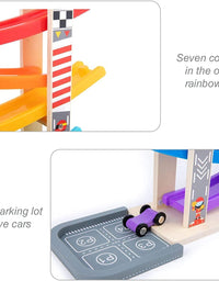 Car Ramp Racer Toy for Toddler - Baby Car Race Track Vehicle Playsets with 6 Wooden Race Cars, 1 Parking Garage, 3 Extra Bridges and 6 Car Ramps for Boys & Girls
