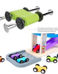 Car Ramp Racer Toy for Toddler - Baby Car Race Track Vehicle Playsets with 6 Wooden Race Cars, 1 Parking Garage, 3 Extra Bridges and 6 Car Ramps for Boys & Girls
