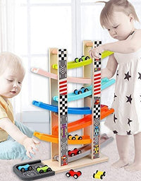 Car Ramp Racer Toy for Toddler - Baby Car Race Track Vehicle Playsets with 6 Wooden Race Cars, 1 Parking Garage, 3 Extra Bridges and 6 Car Ramps for Boys & Girls
